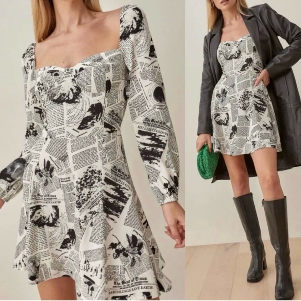 Reformation Mochi Dress in climate newsprint size 0